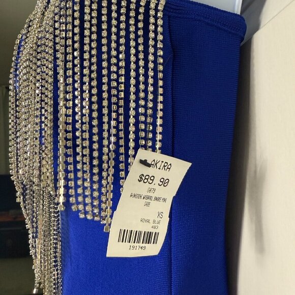 AKIRA Rhinestone Blue Waterfall Bandage Mini Dress New with Tags XS - Picture 3 of 10